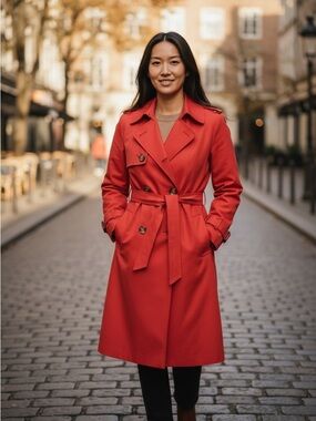 Liz Claiborne Coral Red Trench Coat Small Hooded Belted Rain Jacket